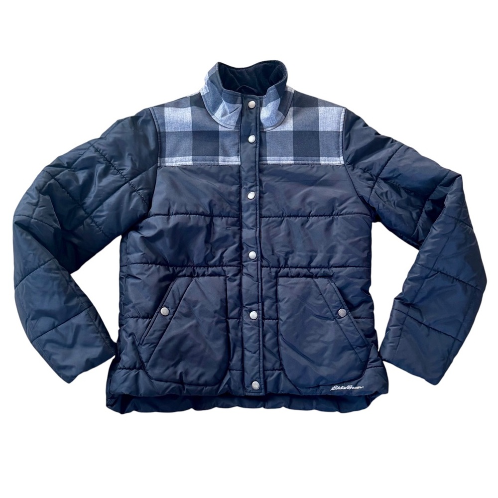 Y2K Vintage Eddie Bauer Puffer Coat Womens M Black Buffalo Plaid Crop Jacket